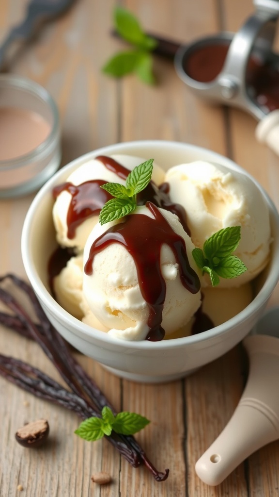 A bowl of vanilla ice cream topped with chocolate sauce and mint on a wooden table.